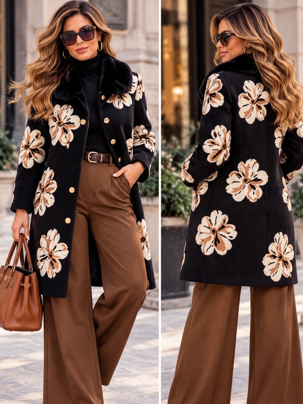213.NWT Floral Faux-Fur Collar Long Coat - Black/Cream Knited cardigan